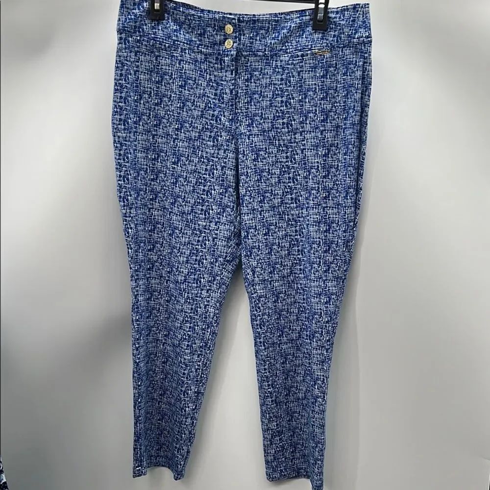 Anne Klein Blue and White Patterned Fabric Ankle Cropped Fitted Golf Pants